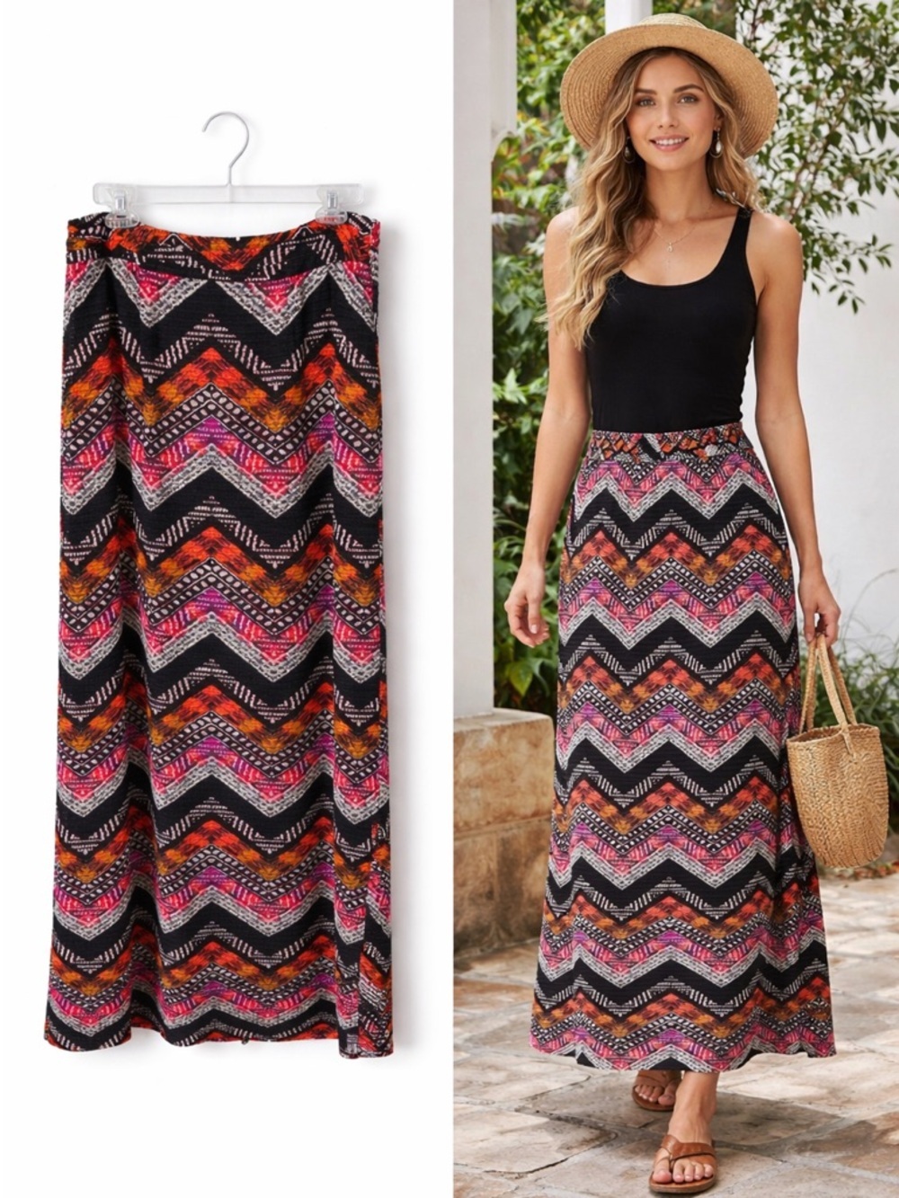 Cato Boho Chevron Maxi Skirt Stretch Pull On Tribal Print Size 14/16